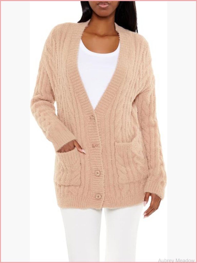 Fuzzy Cable Knit Cardigan Sweater - Button Front V-Neck Long Sleeve Cozy